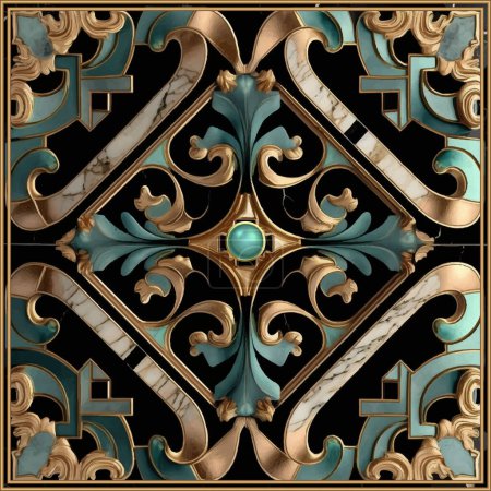 Illustration for Marble art Deco inlaid floral seamless pattern. Luxury vector marble textured malachite background. Decorative antique style inlaid flowers marble pattern. Modern ornate design with gold square frames - Royalty Free Image
