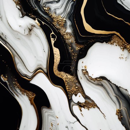 Black white gold liquid 3d abstract marbled background with golden inlay veins, lines. Marble stone texture, jasper. Ornamental modern marble textured pattern. Fake painted artificial stone texture.