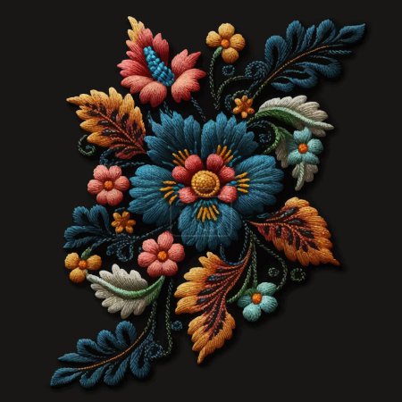 Ilustración de Stitching lines colorful embroidery floral pattern background illustration. Embroidered bright stitch flowers, leaves. Tapestry blossom flowers ornament. Decorative ornamental textured vector design. - Imagen libre de derechos