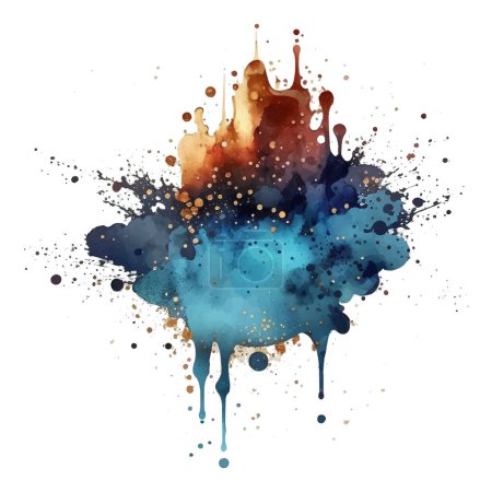 Illustration for Colorful watercolor splash blot splatter stain with gold glitters. Watercolor brush strokes. Beautiful trendy blue red hand drawn vector illustration. Isolated modern design on white background. - Royalty Free Image