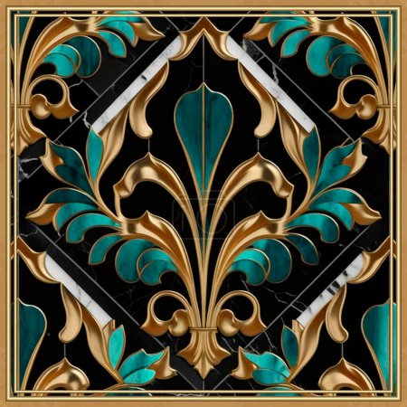 Illustration for Malachite art Deco floral marbled pattern. Luxury vector marble textured green malachite background. Damask vintage flowers. Inlaid marbled pattern. Modern emerald green and gold design. Gold frame. - Royalty Free Image