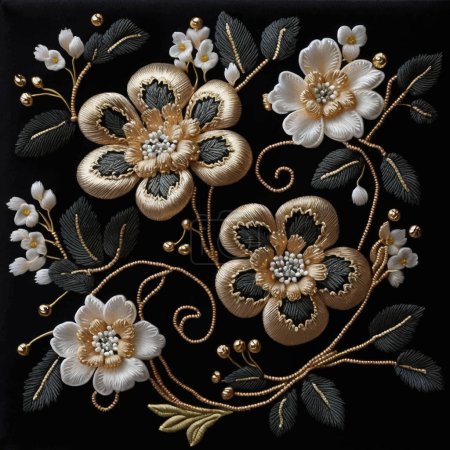 Illustration for Tapestry flowers. Embroidered stitch lines flowers, leaves with beads. Embroidery floral background illustration. Beautiful luxury stitch textured vector flowers ornaments. Stitching surface texture. - Royalty Free Image