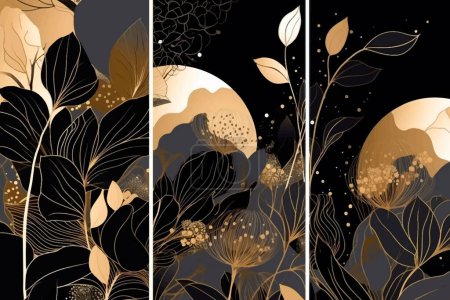 Ilustración de Arreglo abstracto negro y oro paneles patrones con ramas, hojas. Vector moderno fondo tropical. Patrón de hojas florales. Juegos de paneles de arreglos abstractos de moda con plantas tropicales - Imagen libre de derechos