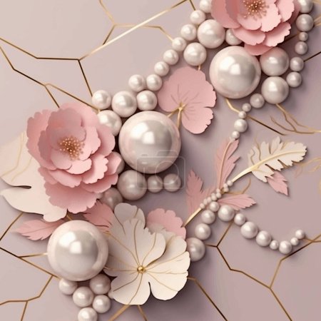 Illustration for 3d jewelry beautiful pattern background illustration with 3d pearls, necklace, paper cut surface flowers leaves in pink pastel colors. Gold lines mosaic style background. Ornate luxury design. - Royalty Free Image