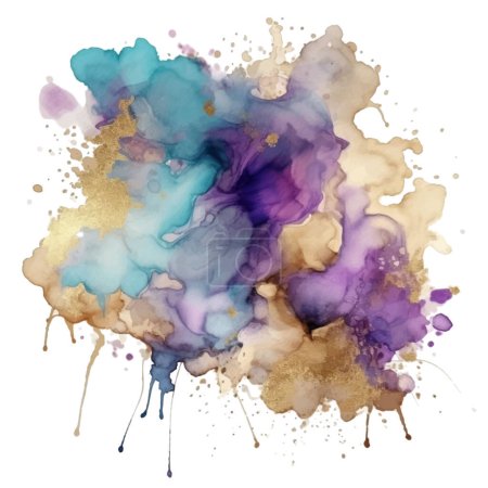 Illustration for Colorful watercolor splashes splatters stains brush strokes, gold glitters on white background. Modern aquarelle spots. Trendy isolated painted design on white. Element. Vector watercolor illustration - Royalty Free Image
