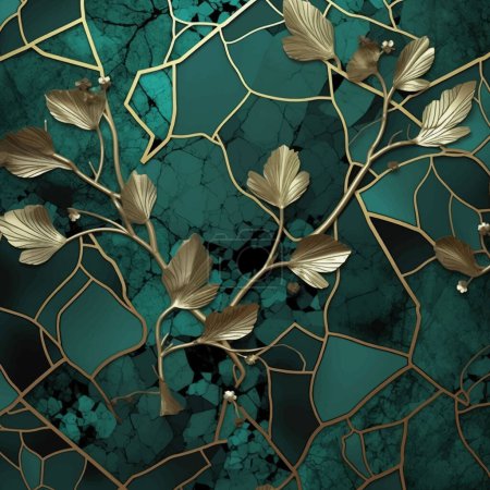 Illustration for Gold branches and leaves. 3d mosaic  floral marble textured emerald green pattern. Art Deco modern painted vector background. Gold 3d flowers, leaves. Luxury trendy inlaid ornaments with gold lines. - Royalty Free Image