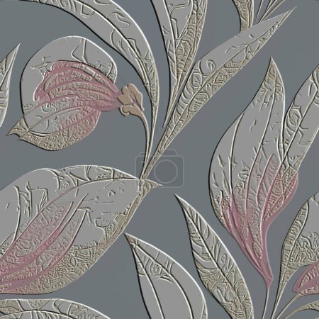 Emboss Doodle Linien exotische Blumen texturierte 3D nahtlose Muster. Floral geprägter Hintergrund. Grunge endlose Textur. Line Art Doodle Blumen, Blätter. Tropische handgezeichnete Oberfläche Pflanzen Ornamente.
