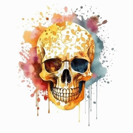 Scull. Watercolor hand drawn patterned skull with flowers, spots, splashes and floral dirty ornaments. Creative painted scull pattern. Modern clip art abstract decorative design on white background.