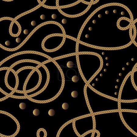 Illustration for Gold pigtails ropes doodle lines 3d seamless pattern. Ornamental braided ropes vector background. Repeat modern backdrop. Surface golden pig tails ropes doodles ornaments with curves, waves, circles. - Royalty Free Image