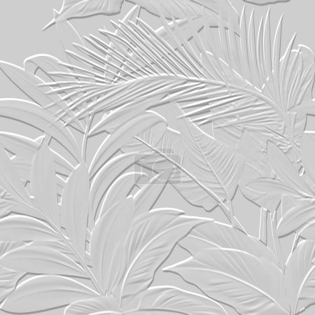 Illustration for Embossed tropical palm leaves white 3d seamless pattern. Beautiful floral relief background. Repeat textured vector backdrop. Surface emboss leaves. 3d ornament with embossing effect. Leafy 3d texture - Royalty Free Image