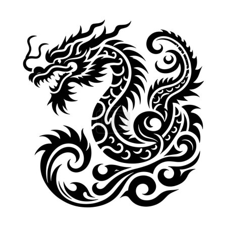 Ornamental chinese dragon black and white artistic pattern. Dragon dance. Chinese symbol. Isolated patterned decorative asian style design on white background. Taroo. Emblem, logo. Festive icon.