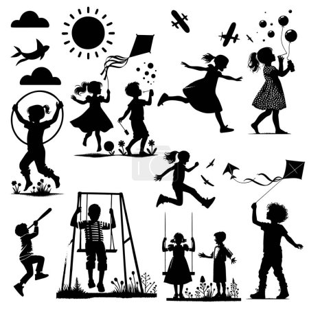 Set von verspielten Kindersilhouetten. Ein Mädchen, das einen Hula-Hoop-Reifen dreht, ein Junge, der einen Drachen fliegt, ein Kind, das Blasen pustet, schaukelt und ein anderes Kind, das hüpft und springt. Schwarze Vektorsilhouetten auf Weiß.