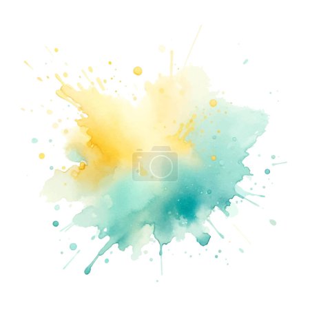 Aquarell Spritzer Fleck Pinselstrich Spray mit nassen Effekt auf weißem Hintergrund. Moderne blaue türkisgelbe Farben Aquarellfleck. Trendiges isoliertes Design auf Weiß. Element. Vektor-Aquarell