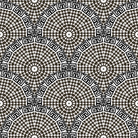 Houndstooth black and white round tiled mandalas seamless pattern. Vector ornamental background. Modern hounds tooth ornaments. Textured design with mandalas, greek key meander frames, circles, zigzag