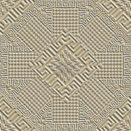 Houndstooth emboss 3d seamless pattern. Vector textured grunge background. Modern hounds tooth surface embossed ornaments with greek key meanders frames, zigzag, rhombus. Endless rough texture.