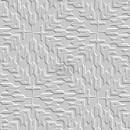 Houndstooth white monochrome rough emboss 3d seamless fabric pattern. Vector ornamental background. Modern hounds tooth ornaments. Textured trendy design. Elegant grungy endless relief surface texture