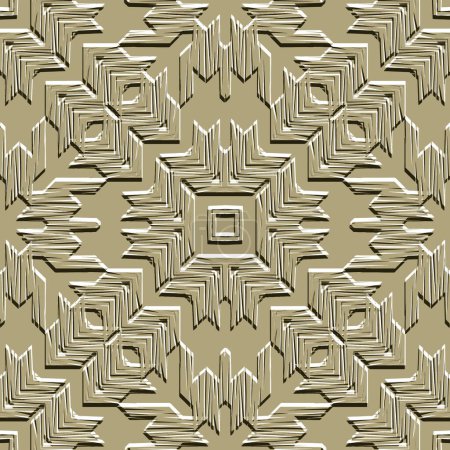 Houndstooth beige monochrome rough emboss 3d seamless fabric pattern. Vector ornamental background. Modern hounds tooth ornaments. Textured trendy design. Elegant grungy endless relief surface texture