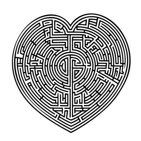 Téléchargez les illustrations : Le coeur d'amour du labyrinthe vectoriel noir et blanc montre plusieurs chemins complexes qui composent le labyrinthe complexe de l'amour. Isolé ornementale moderne beau design. - en licence libre de droit