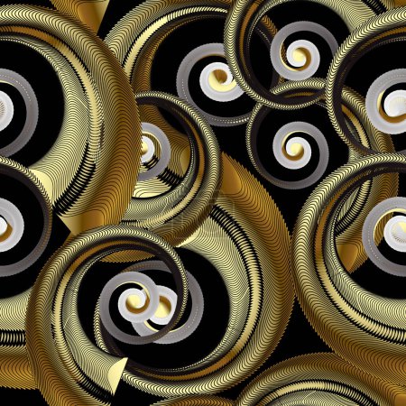 Illustration for 3d Gold spirals luxury abstract vector seamless pattern. Ornamental flowing swirl shapes background. Spiral line art tracery surface ornament. Textured geometric repeat backdrop. Modern spirals design - Royalty Free Image