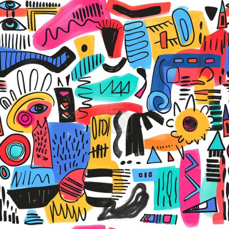 Doodles colorful tribal ethnic style seamless patern with squiggles, doodle lines, zigzag, eyes, different hand drawn shapes and lines. Vector bright freehand endless ornaments on white background.