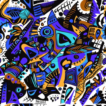 Doodles colorido africano tribal étnico abstracto sin costuras patrón de fondo con garabatos, líneas de garabatos, zigzag, puntos, diferentes formas y líneas dibujadas a mano. Vector brillante a mano alzada interminables adornos.