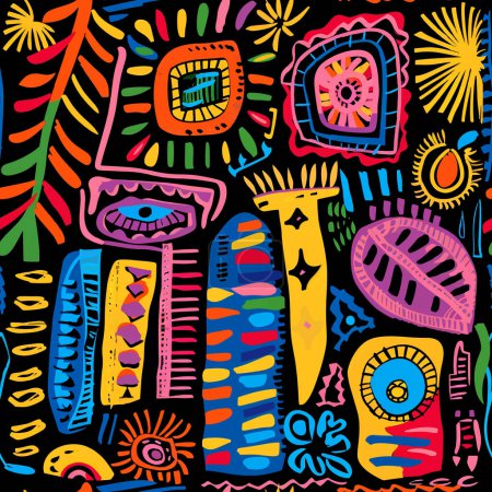 Doodles bunten afrikanischen Stammes ethnischen abstrakten nahtlosen Musterhintergrund mit Schnörkeln, Kritzeleien, Zickzack, Punkte, verschiedene handgezeichnete Formen und Linien. Vector helle freihändige endlose Ornamente.