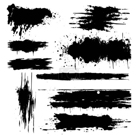 Black grunge textured hand drawn ink brush strokes vector set on white background. Decorative isolated brushstrokes collection for design. Elements. Grungy rough texture.