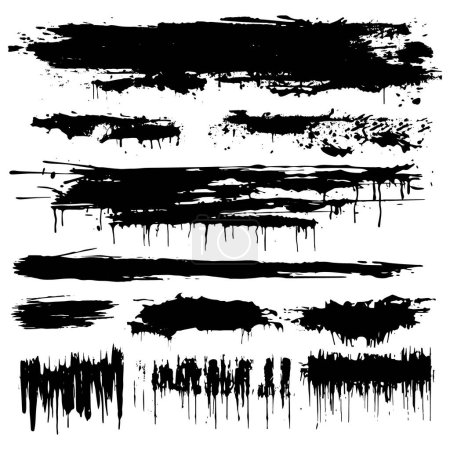 Black grunge textured hand drawn ink brush strokes vector set on white background. Decorative artistic isolated brushstrokes collection for design. Elements. Grungy rough texture.