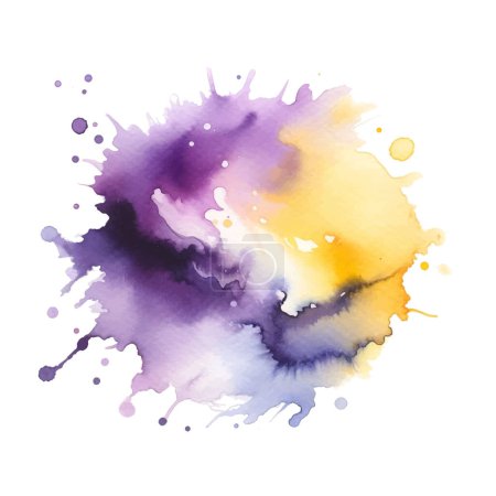 Violet Yellow Colors Aquarell Splatter Fleckpinsel Pinselstrich mit Nass-Effekt auf weißem Hintergrund. Moderner dekorativer Aquarellfleck. Trendy Isolated Blot auf Weiß. Vektor-Aquarell. Element.