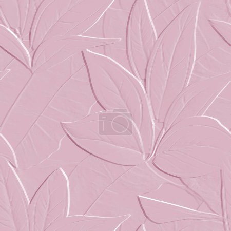 Grunge 3d embossed tropical floral seamless pattern. Textured  relief pink background. Repeat emboss backdrop. Surface blossom flowers, leaves. 3d exotic flowers ornament with embossing effect.