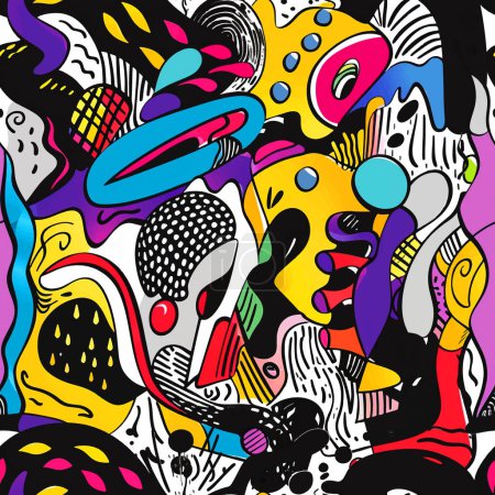 Doodles colorful modern seamless patern with squiggles, doodle lines, spots, dots, waves, curves, different hand drawn shapes and lines. Vector bright freehand endless ornaments on white background.