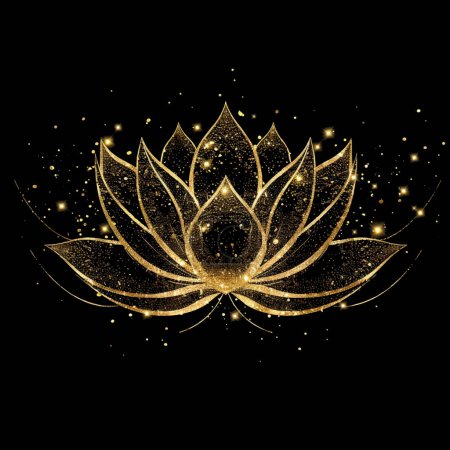 Illustration for Gold lines glittery glowing blooming lotus flower tropical pattern. Black vector background illustration with golden exotic lotus flower. Decorative grunge textured shiny luxury stylish design. - Royalty Free Image