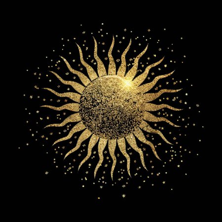 Illustration for 3d gold glittery beautiful luxury ornate shiny sun. Modern shine sun pattern with radial textured golden sunlights. Surface texture. Trendy decorative sunny background. Isolated grunge gold design. - Royalty Free Image