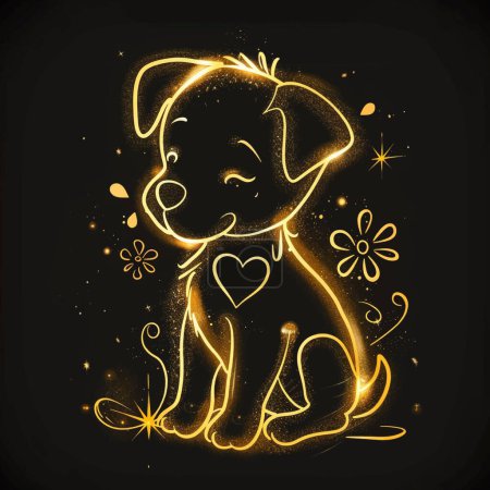 Illustration for 3d Gold glittery doodle lines hand drawn cartoon puppy with love heart, flowers. Golden grunge little cute dog pattern background illustration with glowing glitter. Shiny beautiful textured pattern. - Royalty Free Image