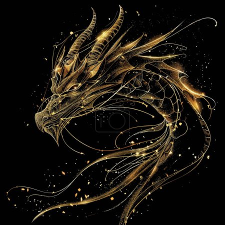 Illustration for 3d Gold glittery flowing lines chinese dragon luxury pattern background illustration with glowing blinking, glitter. Shiny beautiful textured dragon pattern for tattoo, emblem, logo, greeting cards. - Royalty Free Image