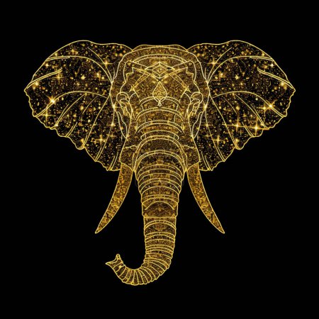 Illustration for 3d Gold glittery ornamental african elephant luxury pattern background illustration with glowing blinking, glitter. Shiny beautiful textured elephant pattern for tattoo, emblem, logo, greeting cards. - Royalty Free Image