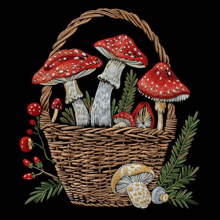 Fun cartoon embroidery style textured 3d fly agarics in basket pattern background illustration. Colorful beautiful decorative drawing poisonous mushrooms on black background. Grunge texture.