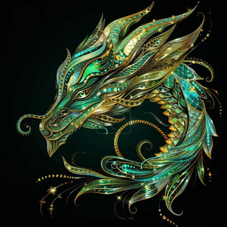 Illustration for 3d Gold green glittery ornamental chinese dragon head pattern background illustration with glowing blinking, glitter. Shiny beautiful textured dragon pattern for tattoo, emblem, logo, prints, design. - Royalty Free Image