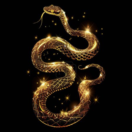 Illustration for Happy Chinese new year 2025 Zodiac sign, year of the Snake. Glowing glittery blinking ornamental chinese snake with gold glitter. Luxury ornate decorative trendy design for cards, calendars, prints. - Royalty Free Image