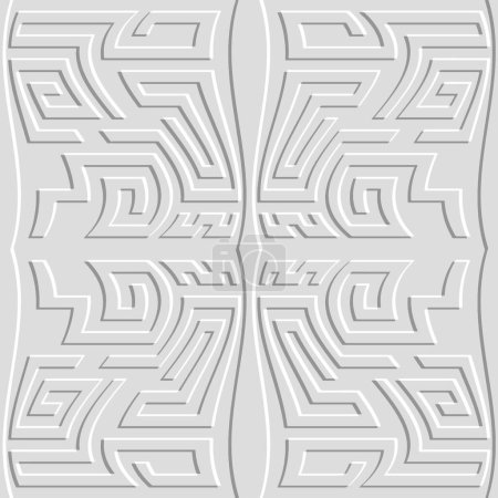 3d white embossed beautiful elegant seamless pattern. Textured relief ornamental vector background. Surface emboss abstract ornaments with chinese style meanders. Endless texture with embossing effect