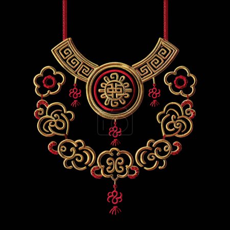 Chinese traditional style embroidery gold red 3d neckline design with braided knots, meanders, mandala and fringes.  Beautiful ornate modern luxury lacy knotting ornaments. Surface grunge 3d texture.