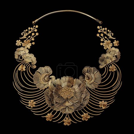 Traditional asian japanese chinese  gold embroidery 3d neckline with bloom textured flowers, leaves, lines. Beautiful jewelry necklace ornament. Blossom floral neckline design. Surface stitch texture.