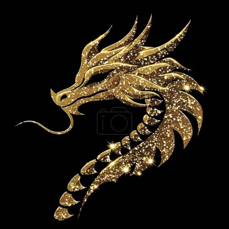 Illustration for 3d Gold glittery chinese dragon luxury pattern background illustration with glowing blinking, glitter. Shiny beautiful textured dragon pattern for tattoo, emblem, logo, greeting cards, prints, fabric. - Royalty Free Image