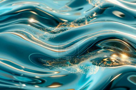 Illustration for 3d waves, wavy gold lines glittery surface blue turquoise color dynamic glowing luxury vector background. Beautiful modern marine backdrop. Decorative ornate waves background pattern illustration. - Royalty Free Image