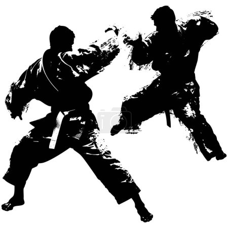 Siluetas de judokas.Black grunge texturizado abstracto vectorial yodokas siluetas sobre fondo blanco. Atletas de judo en entrenamiento. Diseño moderno. Icono de dibujo deportivo, símbolo, logotipo.
