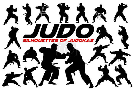 Professional judokas silhouettes in training. Judo athletes black isolated vector silhouettes set on white background. Olympic games. Paris 2024. Sports icons collection. Fighters. Martial arts.