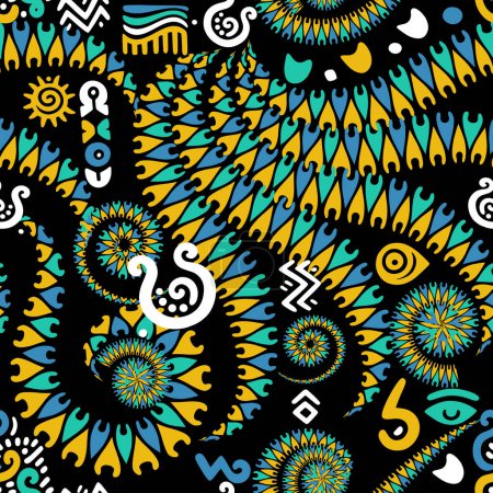 Afrikanische florale nahtlose Muster Hintergrund Illustration. Blumen im ethnischen Afro-Stil schmücken sich mit afrikanischen Symbolen und Zeichen. Gekritzelt Hand gezeichnet bunte helle trendige Ornamente auf schwarzem Hintergrund.