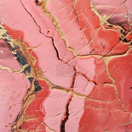 Stone textured cracked marble acrylic fluid art 3d vector background. Liquid marbled textured pattern ornament with surface grunge crack golden lines, gold glitter. Ornate pink red beautiful texture.