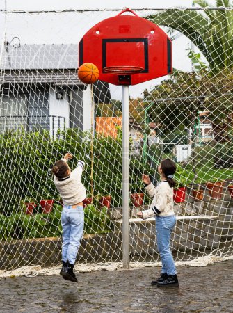 Photo for Two girls playing in the playground, at the basket with the ball, vertical photo - Royalty Free Image