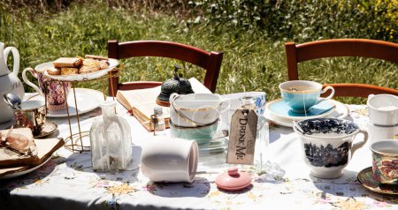 Foto de "Disfrute del encanto de un té ecléctico por la tarde, con una variedad de tazas de té, botella y deliciosos pasteles, situado en un fondo de pradera." - Imagen libre de derechos